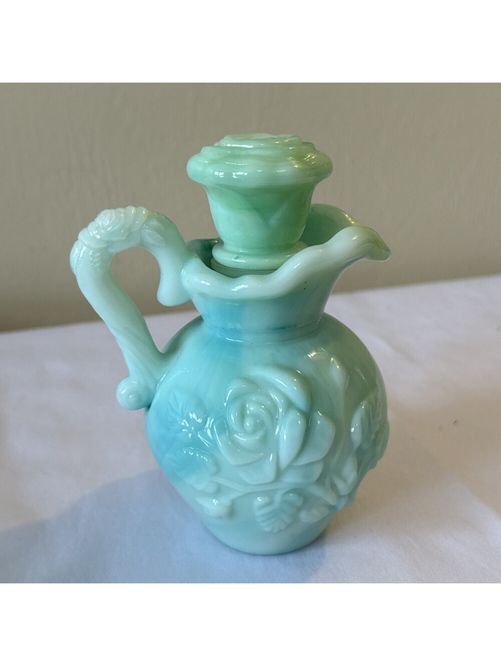 Vintage Avon Moonwind Bath Oil Bottle Aqua Milk Glass Rose Decanter Stopper